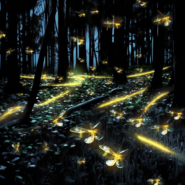 Forêt mystérieuse avec des lumières dorées et des papillons