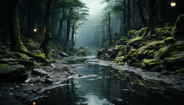 Forêt mystérieuse nuit sombre feuilles humides aventure effrayante beauté tranquille générée par l'intelligence artificielle