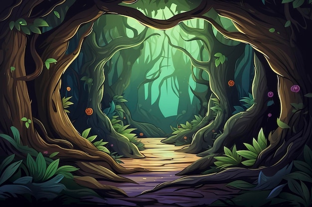 Une forêt mystérieuse avec une porte cachée menant