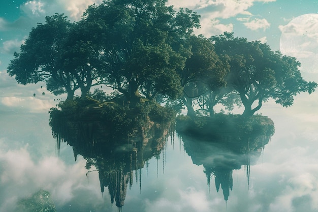 Forêt mystique avec des arbres imposants et des i flottants