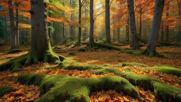 Forêt mystique en automne vibrant avec des rochers mousseux