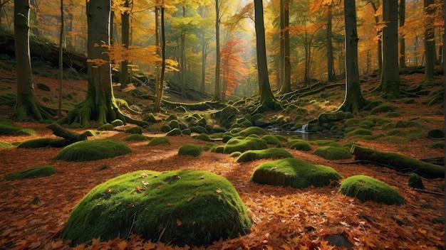 Forêt mystique en automne vibrant avec des rochers mousseux