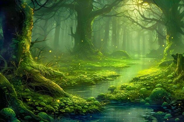 Photo forêt mystique enchantée dans les couleurs vertes