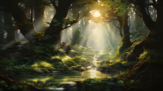 Forêt mystique enchantée dans le style aquarelle IA générative
