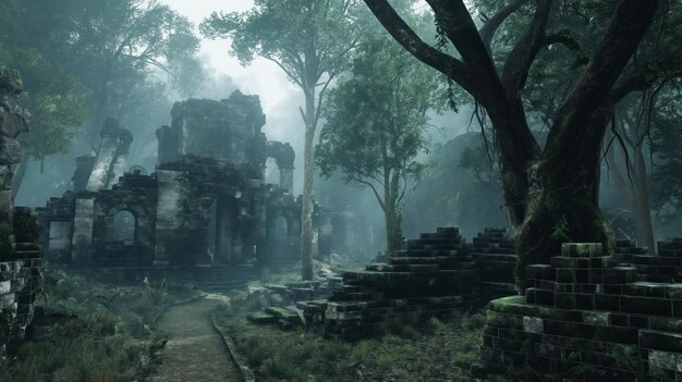 Forêt mystique entourée de brume où les ruines anciennes laissent entendre des civilisations oubliées et des histoires inédites.