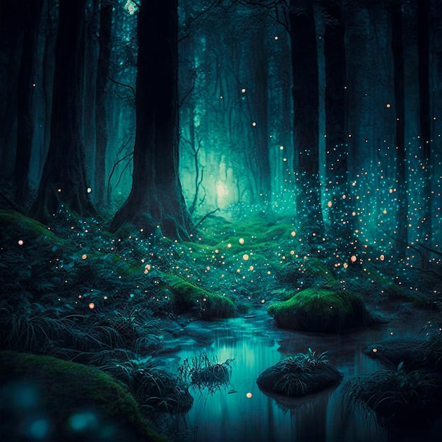 Forêt mystique mystérieuse illuminée par des lucioles