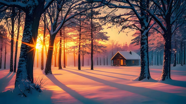 Forêt de neige d'hiver au coucher du soleil