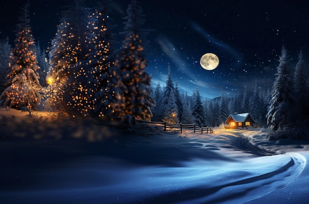 forêt nuit bleue d'hiver ciel étoilé pleine lune arbres de Noël cabane en bois avec la lumière dans la fenêtre