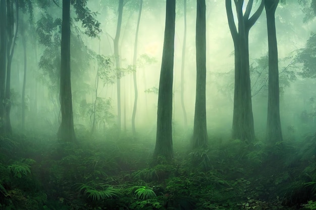 Forêt de nuit brumeuse avec illustration 3D de troncs d'arbres sombres