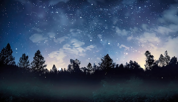 Forêt de nuit avec un ciel nuageux avec des étoiles