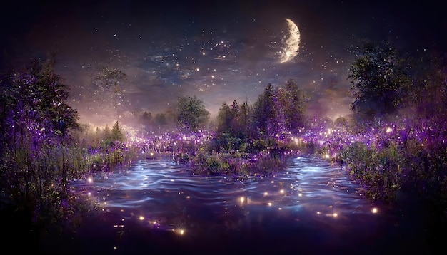 Forêt de nuit avec un lac brillant de lucioles violettes sous le ciel avec la lune