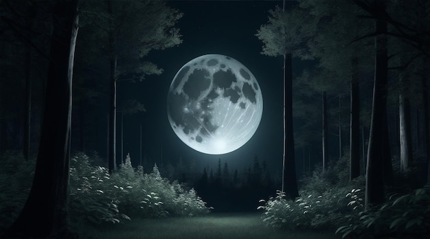 Forêt de nuit noire contre l'illustration 3d de la pleine lune AI générative