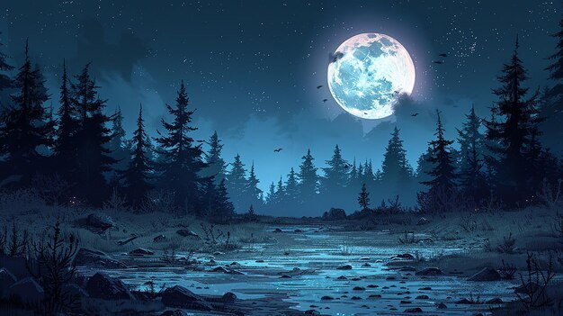 La forêt la nuit de la pleine lune sombre et effrayante