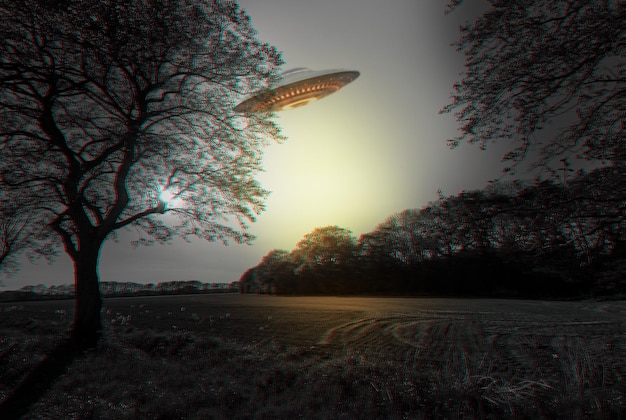 Forêt d'OVNI et vaisseau spatial avec nature extraterrestre et futuriste avec fantaisie et voyage Soucoupe extraterrestre et vaisseau survolant les arbres boisés ou la terre avec science-fiction et invasion