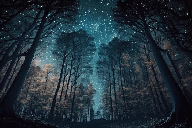 Forêt paisible avec arbres mystiques et canopée d'étoiles créées avec une IA générative