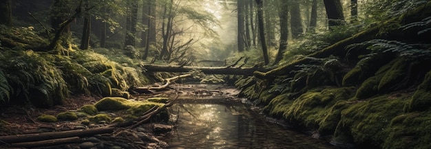 Une forêt paisible avec des ruisseaux traversant Bannière horizontale générée par l'IA