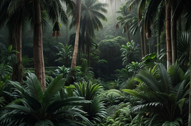 une forêt avec des palmiers et un panneau qui dit