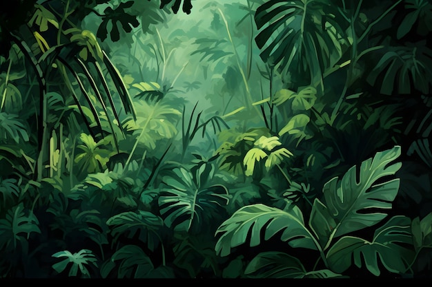 une forêt avec des palmiers et des plantes.
