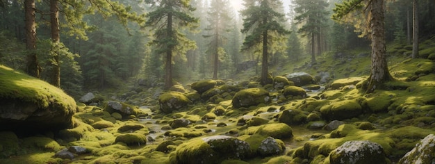 forêt de paysage sauvage avec des pins et de la mousse sur les rochers