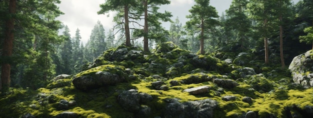 forêt de paysage sauvage avec des pins et de la mousse sur les rochers