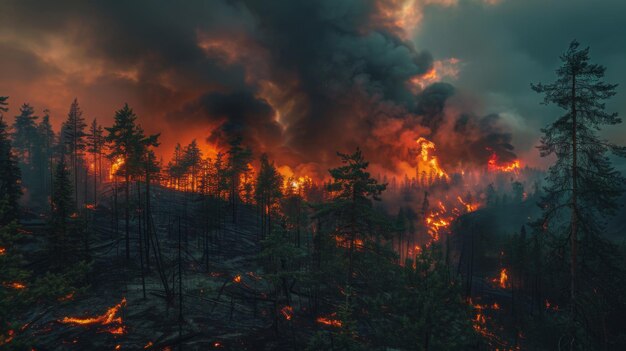 Forêt en péril Feu de forêt déchaîné Consomme des arbres La fumée étouffe le ciel Dommages et pertes environnementales