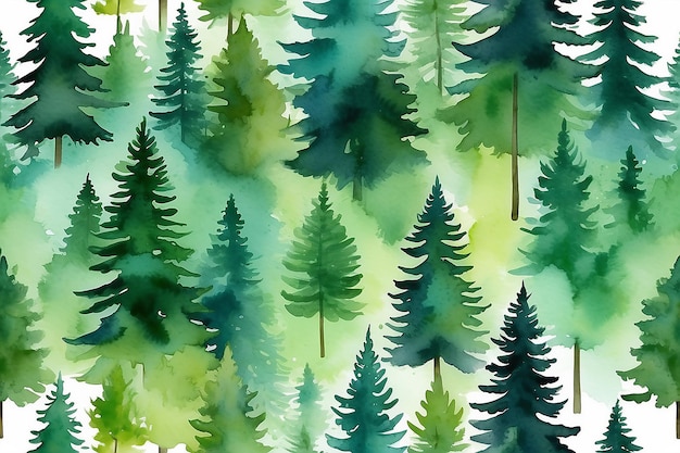 Forêt de pins arrière-plan de Noël peinture à l'aquarelle design d'illustration dessin à la main art nature arbre paysage vert extérieur