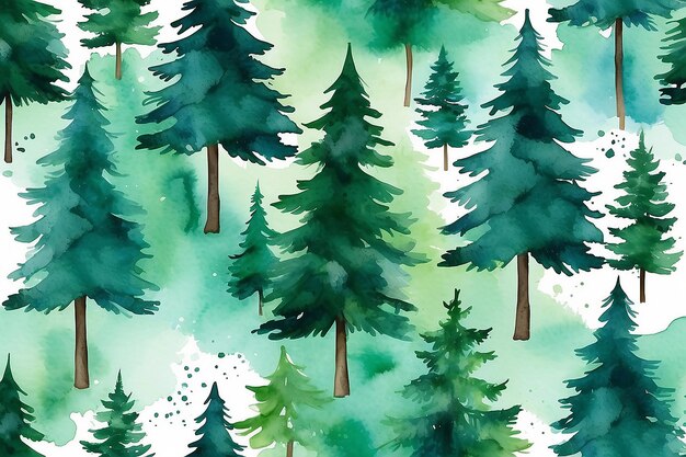 Forêt de pins arrière-plan de Noël peinture à l'aquarelle design d'illustration dessin à la main art nature arbre paysage vert extérieur