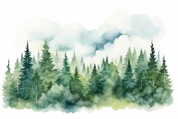 Forêt de pins avec brouillard Illustration à l'aquarelle sur fond blanc