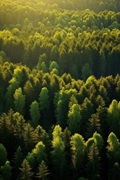 une forêt de pins avec un fond jaune