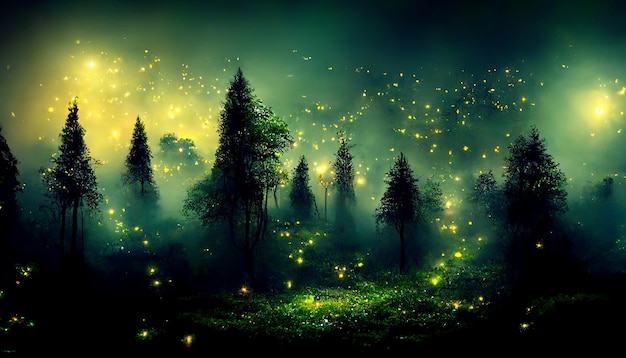 Forêt de pins de nuit fabuleuse avec des lumières de lucioles volantes Illustration fantastique