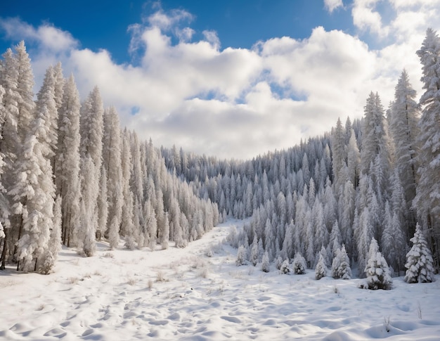 Une forêt de pins qui poussent en rangées à différentes hauteurs quand la neige tombe Certains arbres sont couverts