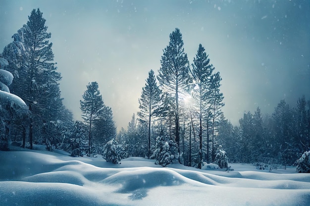 Forêt de pins recouverte de paysage naturel d'hiver enneigé
