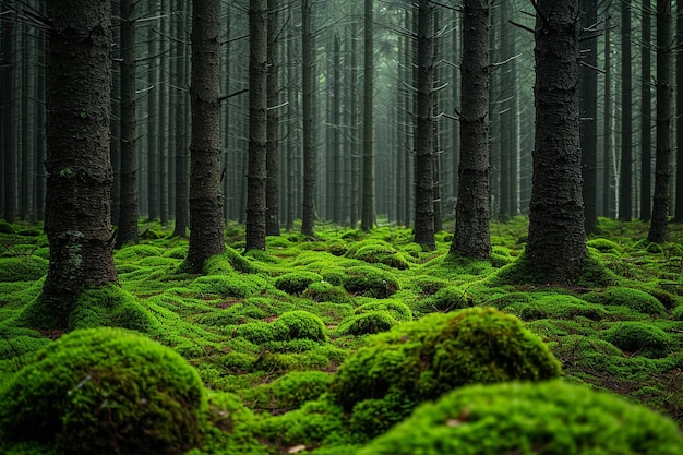 Photo forêt de pins avec des rochers et de la mousse verte