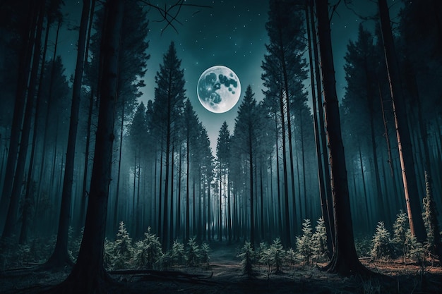 Une forêt avec une pleine lune dans le ciel