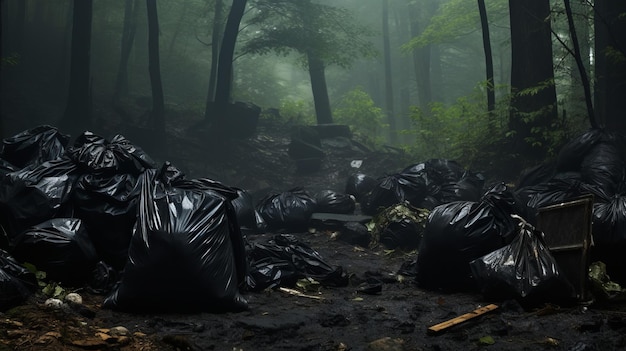 Une forêt polluée remplie de sacs à ordures.