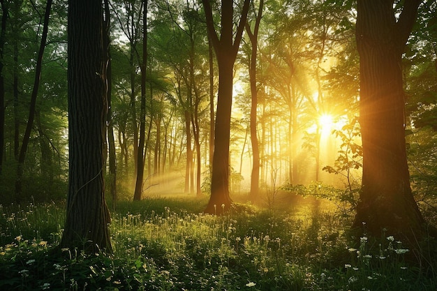 Forêt printanière brumeuse au lever du soleil