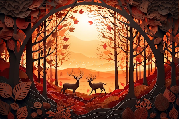 forêt profonde d'automne avec lumière dramatique de style art découpé en papier