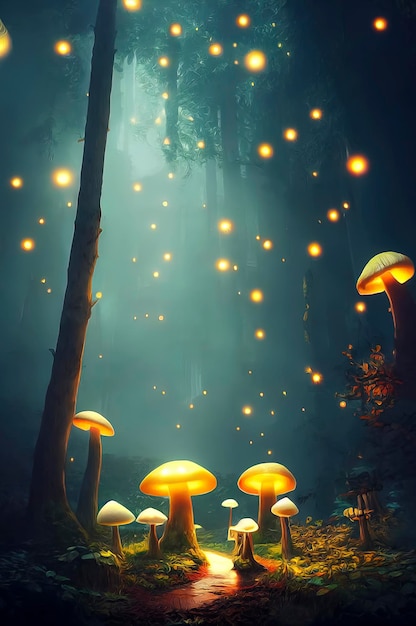 Forêt profonde fantastique Champignons énormes lumineux Géométrie torsadée Lucioles lumineuses