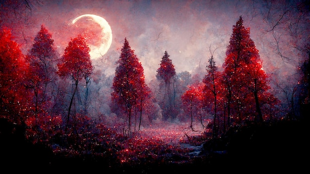 Forêt profonde mystérieuse avec lune rouge