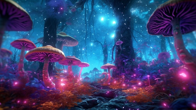 une forêt psychédélique remplie de champignons magiques et brillantsIA générative