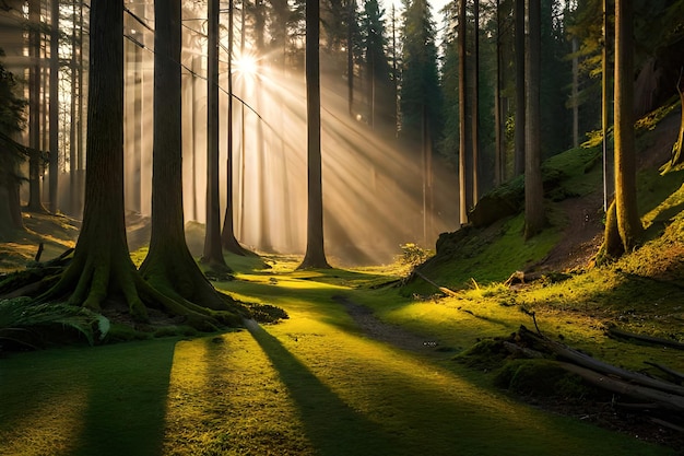 Une forêt avec un rayon de soleil en arrière-plan