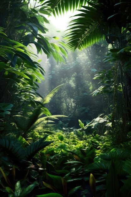 Une forêt avec un rayon de soleil au milieu