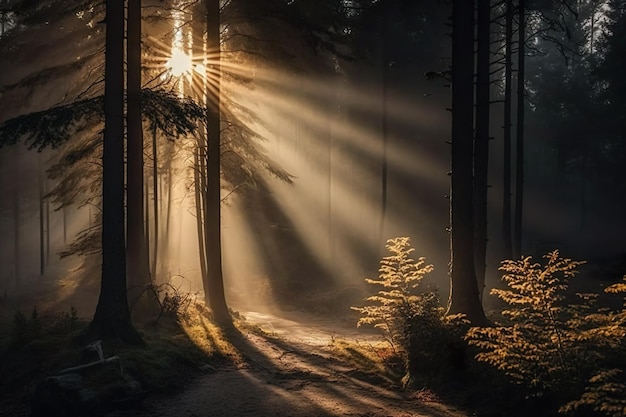 Une forêt avec des rayons de soleil brillant à travers les arbres