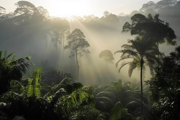 Une forêt avec des rayons de soleil dans la brume