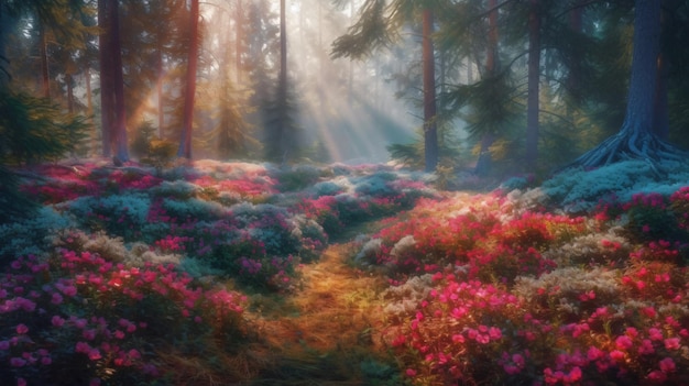 Une forêt avec des rayons de soleil et une forêt avec des fleurs