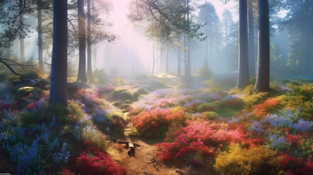 Une forêt avec des rayons de soleil et une forêt avec des fleurs