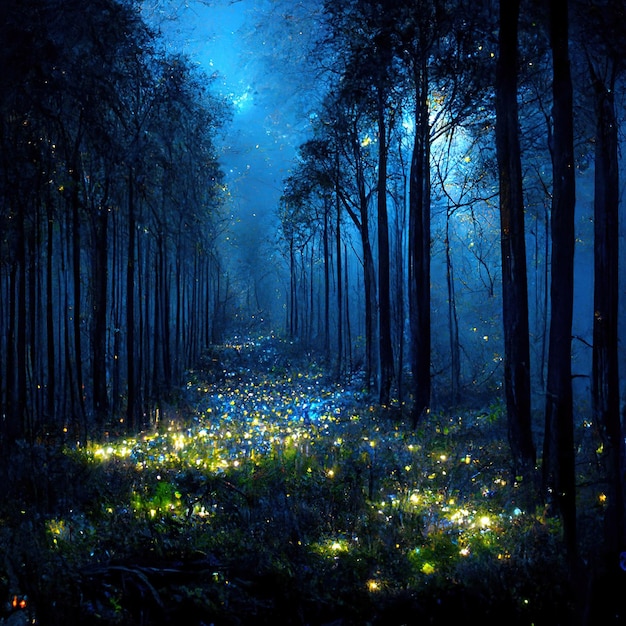 forêt réaliste, forêt, feuille bleue, herbe bleue, lucioles, nuit