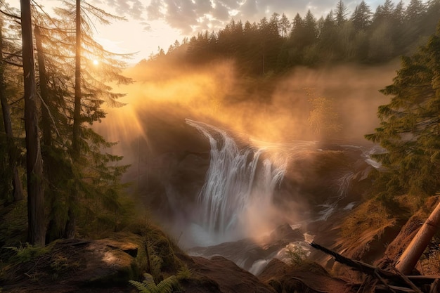 Forêt recouverte de brume avec une cascade et un lever de soleil en arrière-plan créé avec une IA générative