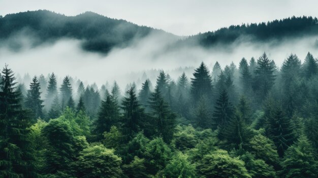 une forêt remplie de beaucoup d'arbres couverts de brouillard