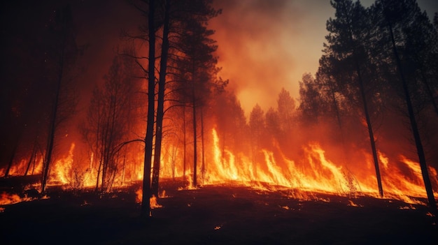 Une forêt remplie de feu et d'arbres.